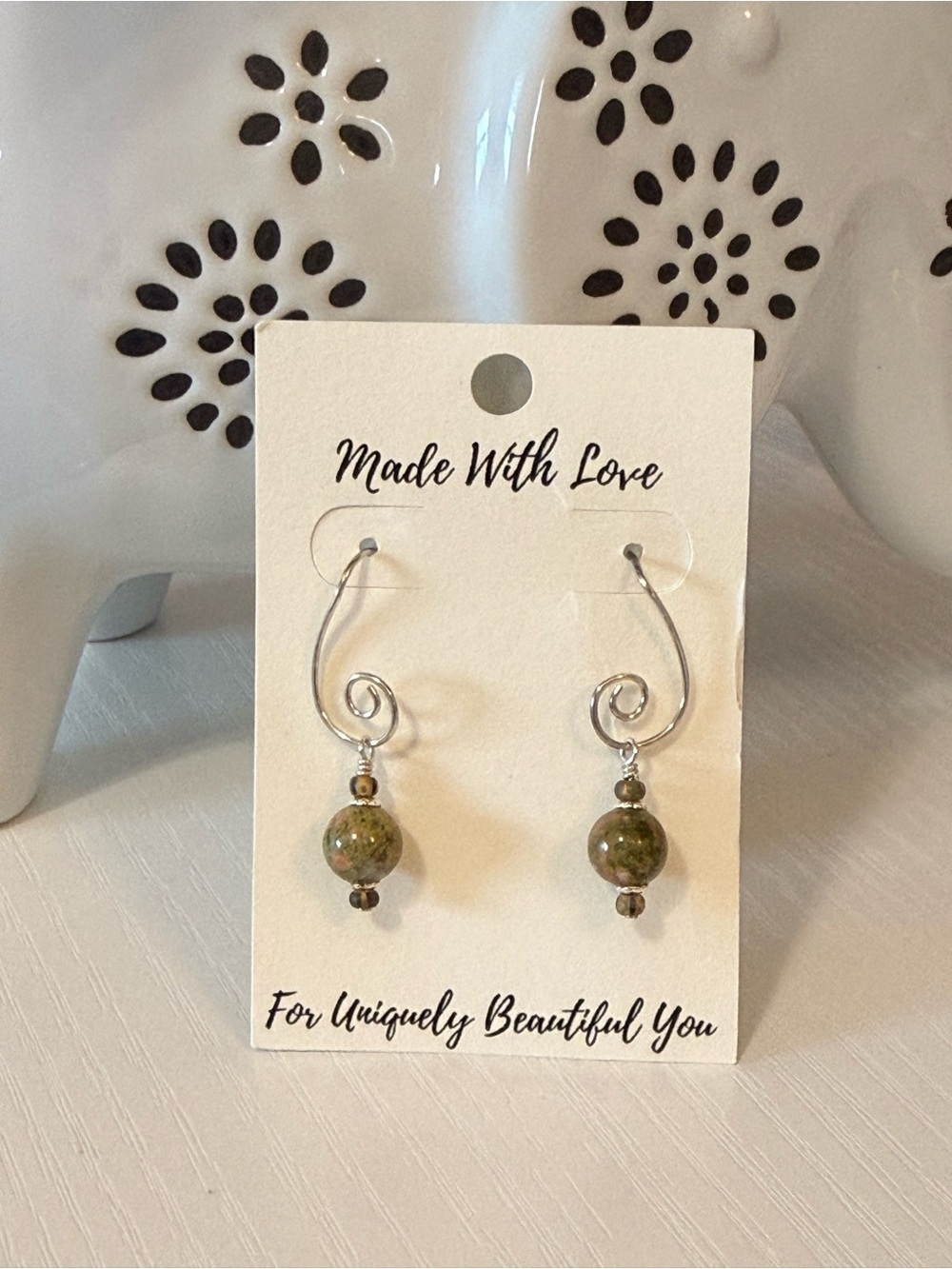 Hand Crafted Unikite Sterling Silver Spiral Drop Earrings